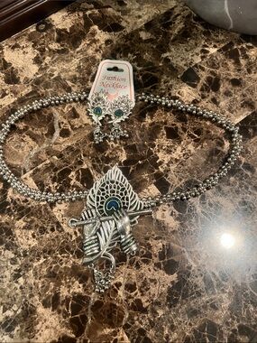 Silver Peacock Pendant Set - Silver with Green & Blue Accents